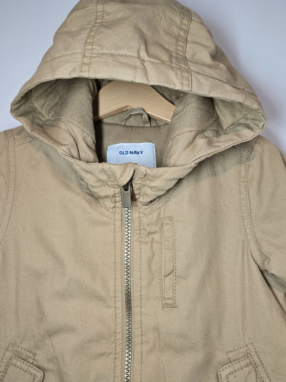 Old Navy Kids' Hooded Jacket in Khaki, Lightweight Warm Fall Style.
